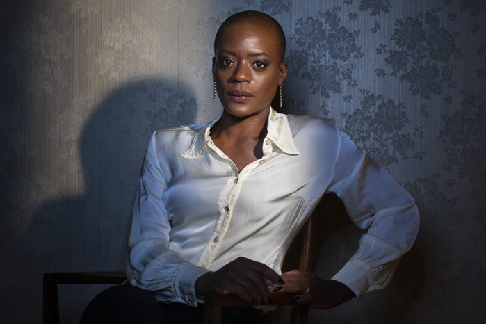 T'Nia Miller as Celeste in Years and Years T'Nia Miller as Celeste in Years and Years sitting in a white shirt