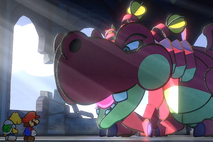 2024 video game release dates paper mario thousand year door remake Paper Mario screenshot showing a Koopa Troopa and Mario looking up at a large dinosaur