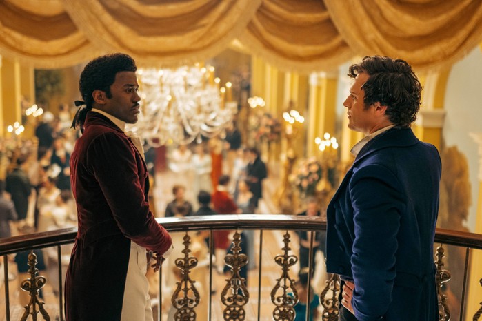 Ncuti Gatwa as the Doctor and Jonathan Groff as Rogue in Doctor Who Ncuti Gatwa as the Doctor and Jonathan Groff as Rogue in Doctor Who. They are standing on a balcony facing each other