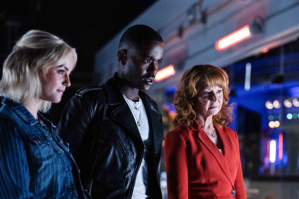 480139,Doctor Who S1 Millie Gibson as Ruby Sunday, Ncuti Gatwa as The Doctor and Bonnie Langford as Mel in Doctor Who, stood next to each other and looking concerned