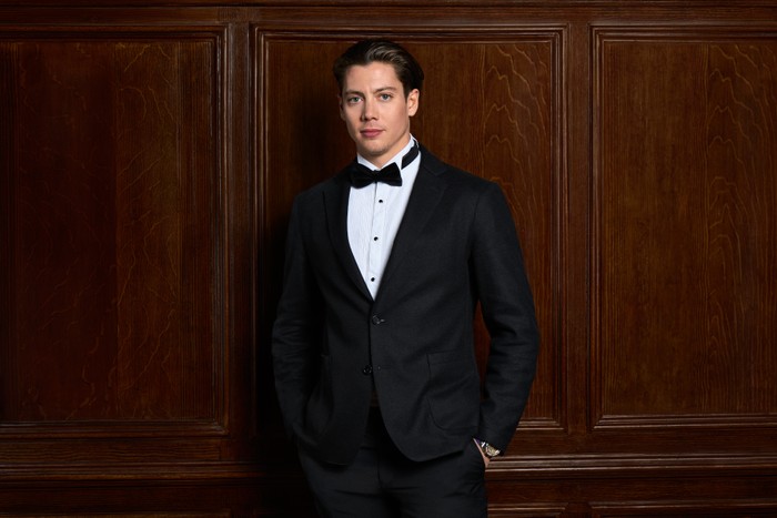 New Made In Chelsea cast member Sam Vanderpump New Made In Chelsea cast member Sam Vanderpump. He is wearing a tuxedo and has his hands in his pockets. His hair is swept backwards.