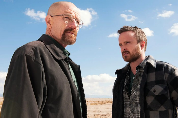 breaking-bad-walter-white-jesse-pinkman Bryan Cranston and Aaron Paul in Breaking Bad.