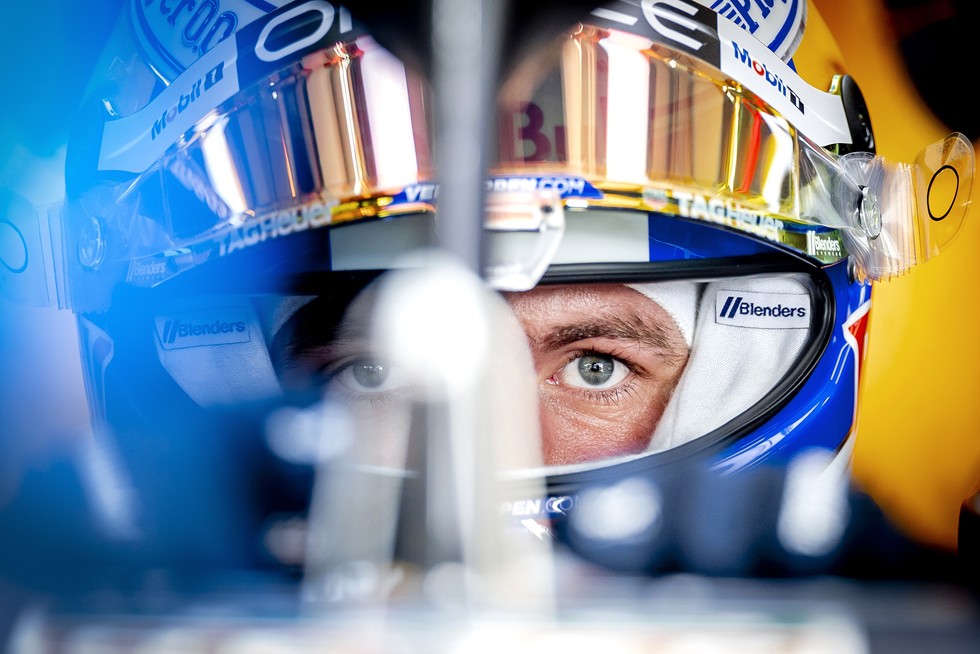 F1 TV 2024 Close up of Max Verstappen staring at the camera in his Red Bull car