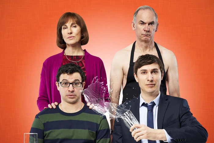 Friday Night Dinner S6 Simon Bird, Tamsin Greig, Paul Ritter and Tom Rosenthal in Friday Night Dinner.