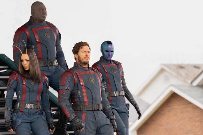 THE GUARDIANS OF THE GALAXY VOL 3 Pom Klementieff as Mantis, Dave Bautista as Drax, Chris Pratt as Peter Quill/Star-Lord, and Karen Gillan as Nebula in Marvel Studios' Guardians of the Galaxy Vol. 3.