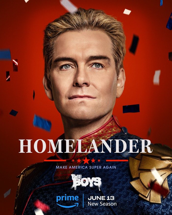 Homelander in The Boys season 4 Poster of Homelander in The Boys season 4. He's staring into the distance with confetti falling around him.