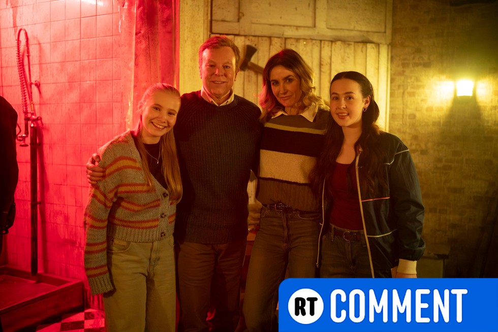inside-no-9-ctrl-alt-esc The family featured in Inside No. 9 episode CTRL ALT ESC pose for a smiling photo in an escape room designed to look like a murderer's lair