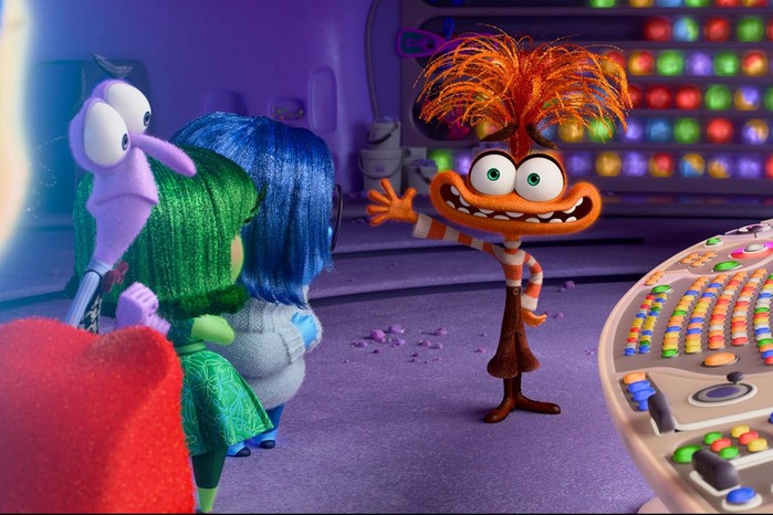 Inside Out 2 Inside Out 2 still showing colourful characters in a control room