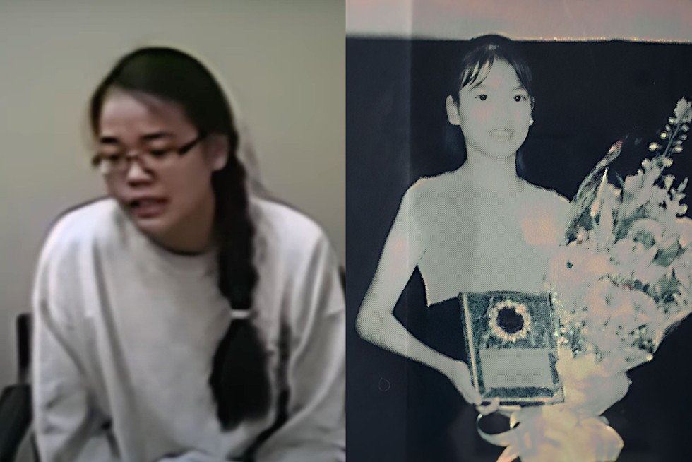 jennifer-pan-now-netflix Two images of Jennifer Pan, once as a child and another as an adult being questioned by the police.