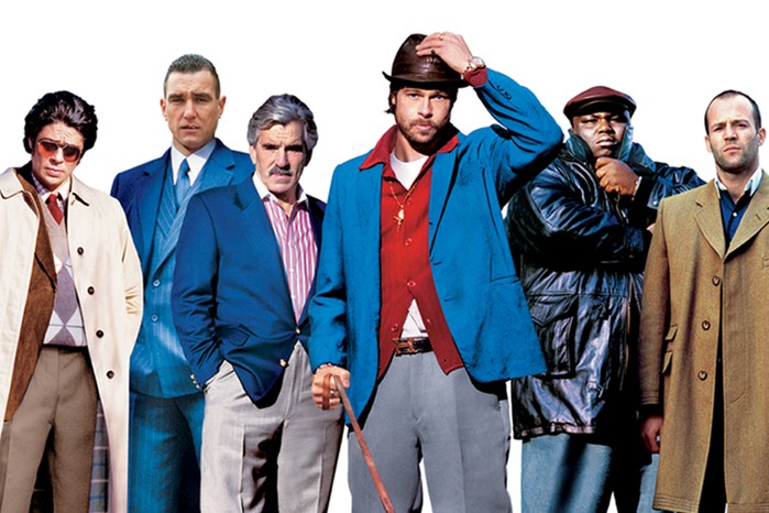 KA_04_Snatch The cast of Snatch stood in a line and looking into the camera against a white background