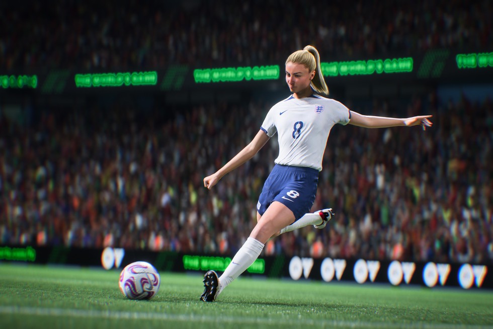 EA Sports FC 24 Leah Williamson EA Sports FC 24 still showing Leah Williamson about to kick the ball