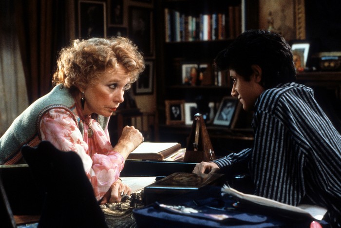 Shirley MacLaine and Navin Chowdhry in Madame Sousatzka Shirley MacLaine and Navin Chowdhry staring eye to eye in a scene from the film Madame Sousatzka.