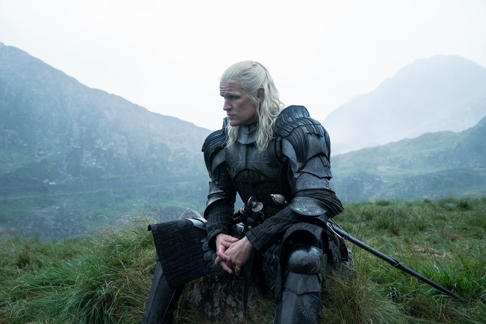 matt-smith (4) Matt Smith perched on grass in armour with long platinum hair as Prince Daemon Targaryen in House of the Dragon season 2.
