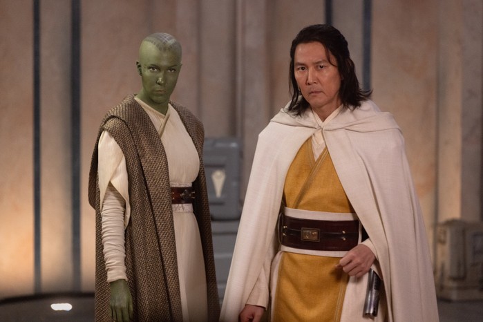THE ACOLYTE Rebecca Henderson as Vernestra Rwoh and Lee Jung-jae as Master Sol in Star Wars: The Acolyte wearing Jedi robes