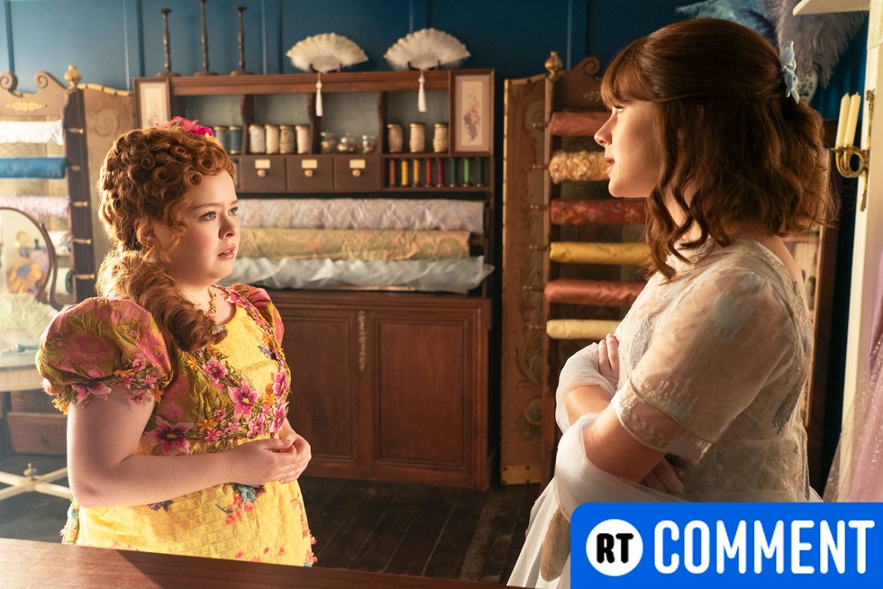 Bridgerton Penelope and Penelope having a conversation, with a blue RT comment banner in the bottom right corner