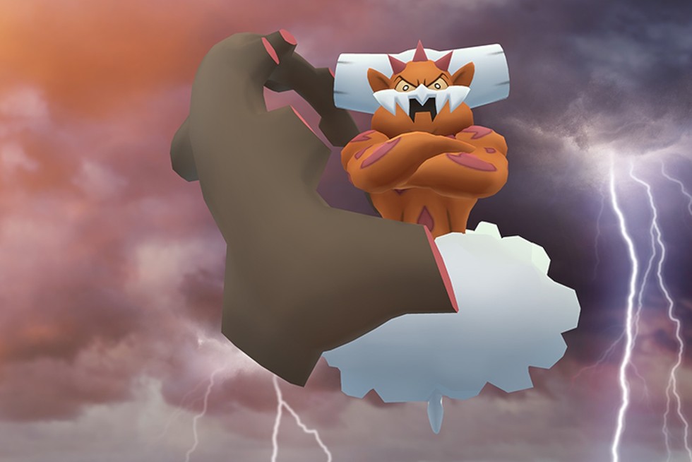 Pokemon-Go-Landorus Official art of Landorus in Pokémon Go against a thundery background