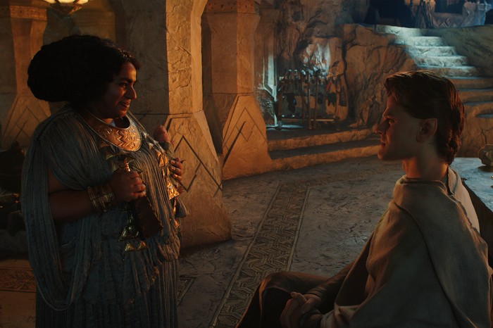 RPAZ_S1_FG_104_00275503_Still035_R1 Sophia Nomvete (Princess Disa), Robert Aramayo (Elrond) in The Rings of Power