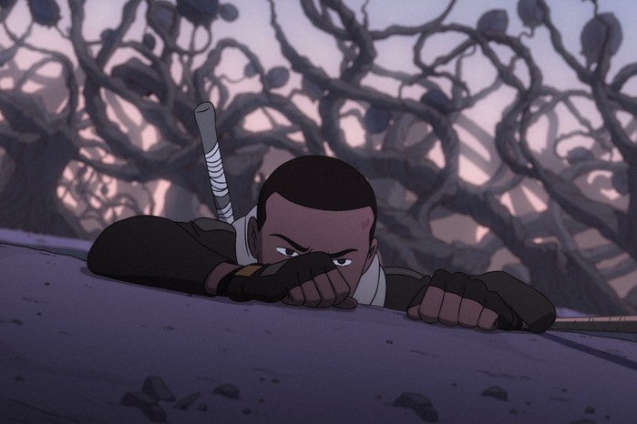 scavengers-reign-2 Azi is seen gripping onto a ledge, with the branching tendrils of a large threat behind her