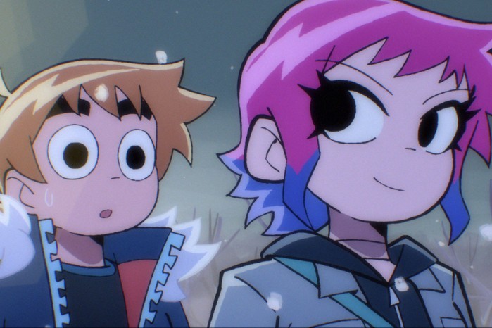 Scott_Pilgrim_Takes_Off_u_S1_E1_00_11_33_14 Michael Cera as Scott Pilgrim and Mary Elizabeth Winstead as Ramona Flowers in Scott Pilgrim Takes Off walking together