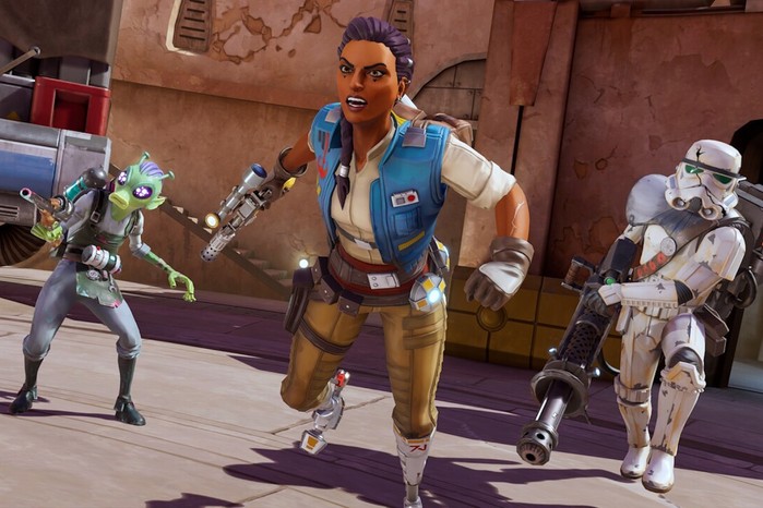 Star Wars Hunters release date launch time Screenshot from Star Wars: Hunters showing playable characters Skora, Zaina and Sentinel (from left to right).