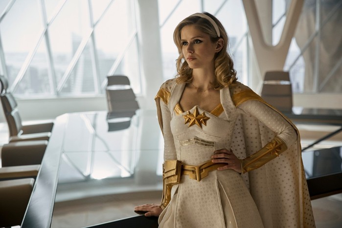 the-boys-erin-moriarty-s4 Erin Moriarty in The Boys season 4 wearing a white and gold dress
