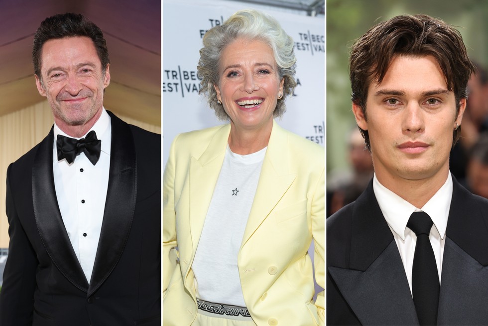 Three Bags Full Side by side photos of Hugh Jackman, Emma Thompson and Nicholas Galitzine in formal attire