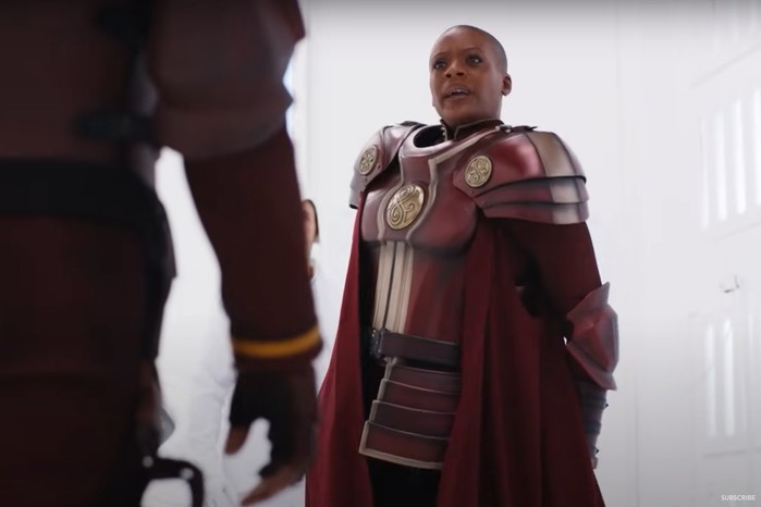 T'Nia Miller as The General in Doctor Who episode Hell Bent T'Nia Miller as The General in Doctor Who episode Hell Bent in elaborate red and gold armour