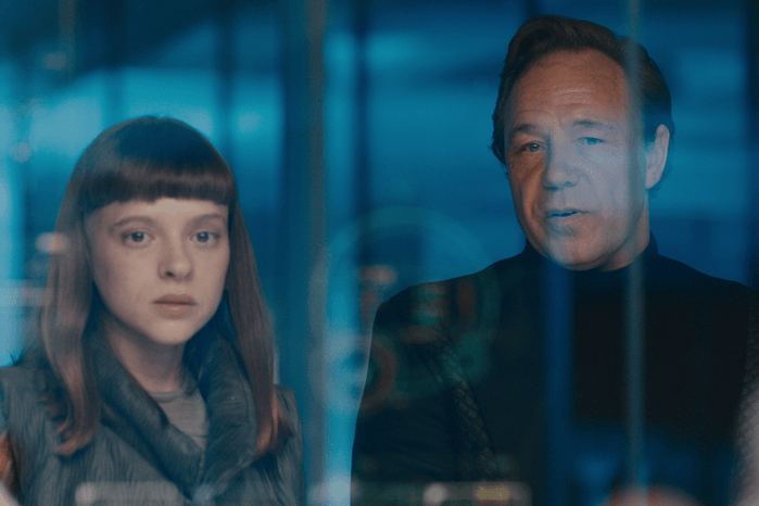 Stephen Graham and Shirley Haas looking through glass in Netflix series Bodies Stephen Graham and Shirley Haas looking through glass in Netflix series Bodies