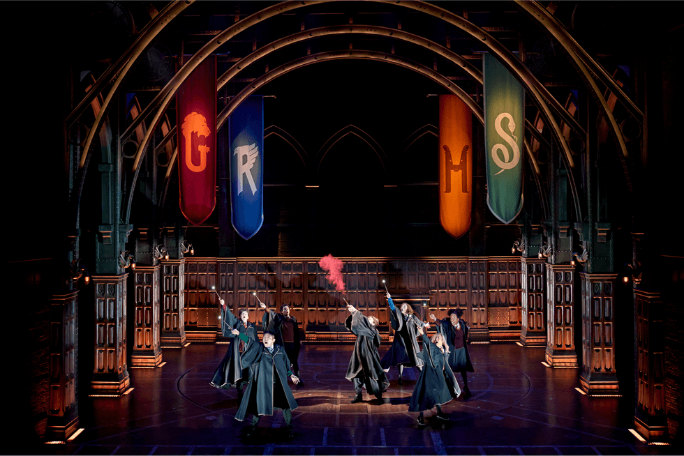 hogwarts legacy harry potter and the cursed child pupils Wizarding student pointing their wands under the banners of the Hogwarts houses